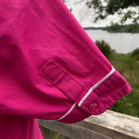 Vintage Y2K Alfred Sung Button Up Bowling Shirt Bright Pink Piping 90s does 60s - Picture 3 of 8